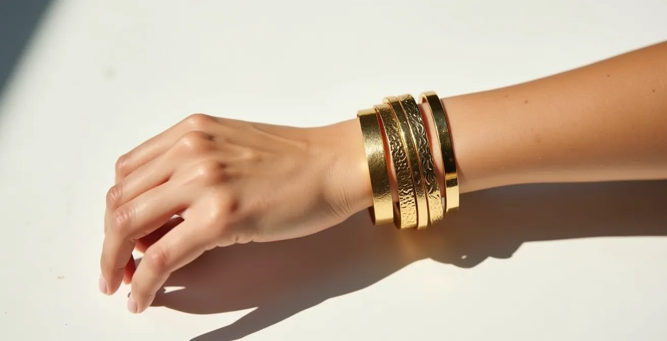 Accumulation harmonieuse de joncs dorés aux textures variées sur un poignet