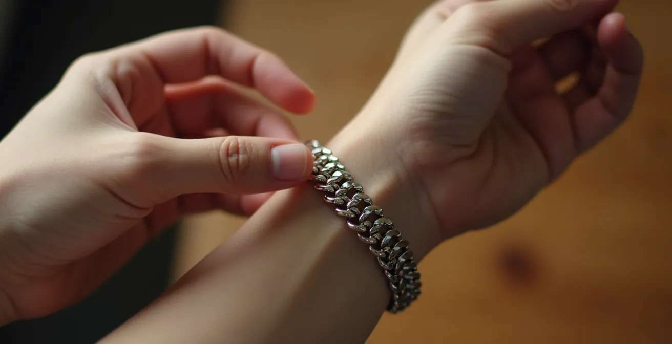 Démonstration du test d'ajustement d'une gourmette sur un poignet avec un espace d'un doigt