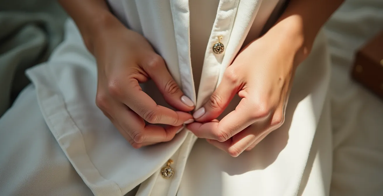 Gros plan sur une main féminine fixant délicatement une paire de boucles d'oreilles dans les trous d'un bouton de chemise.