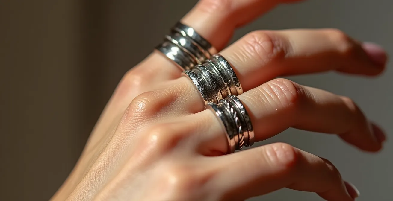 Gros plan sur une main avec plusieurs bagues ajustables empilées sur différentes phalanges
