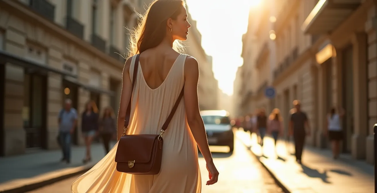 Femme élégante portant une besace avec une robe fluide en contexte urbain