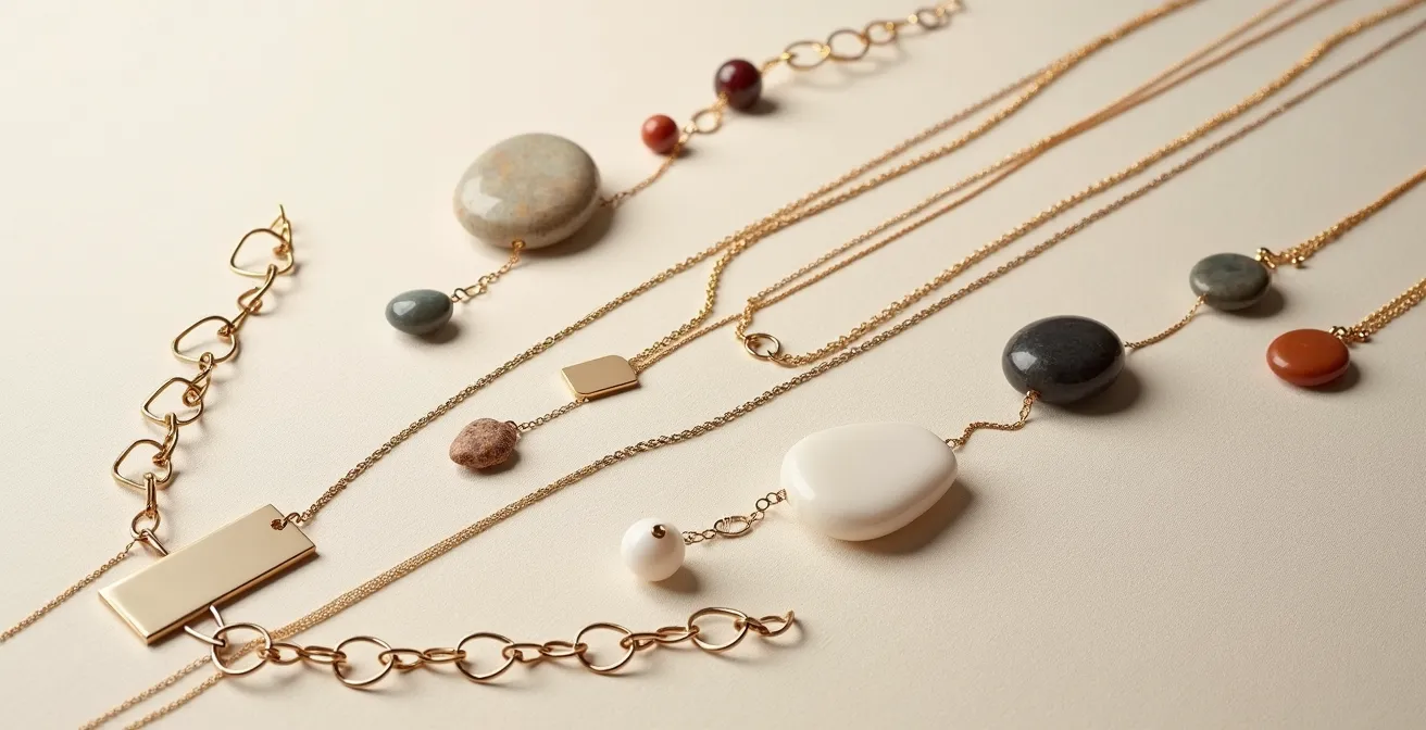 Système de bijoux modulables avec éléments interchangeables présentés de manière décomposée