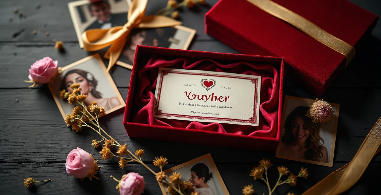 Élégante présentation d'un bon cadeau pour album photo dans un écrin luxueux