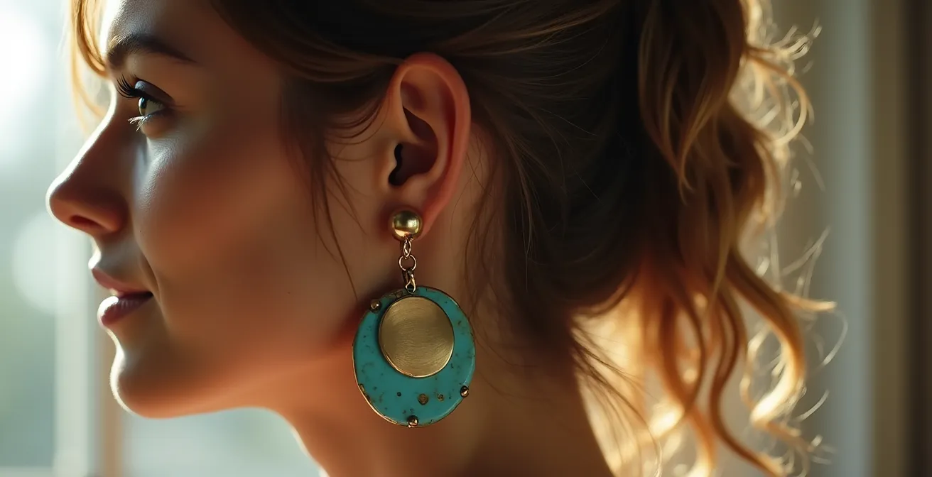 Femme portant des boucles d'oreilles bohèmes imposantes avec une coiffure adaptée