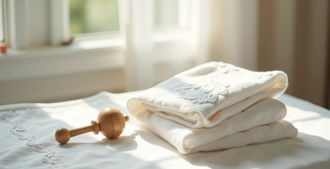 Détail de broderie délicate sur linge de bébé en lin blanc avec initiales entrelacées