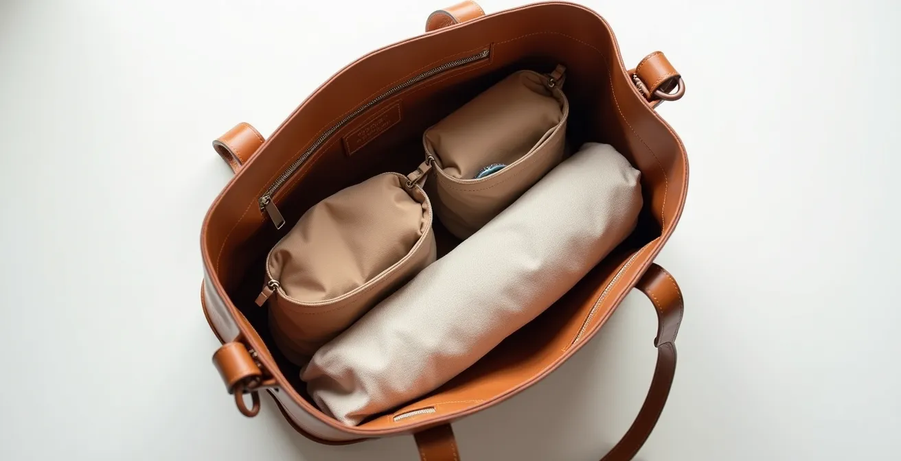 Vue plongeante dans un cabas en cuir ouvert montrant un système d'organisation avec pochettes étanches