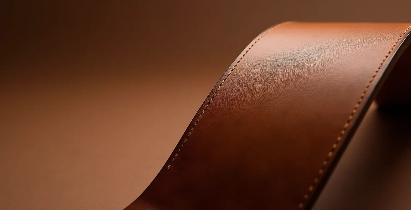 Détail macro d'une ceinture large en cuir souple montrant la texture et la qualité du matériau