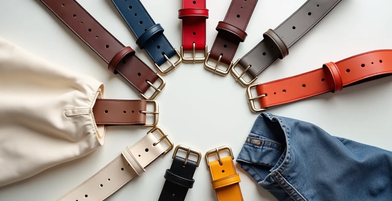 Composition moderne montrant une ceinture colorée créant un point focal audacieux dans une tenue