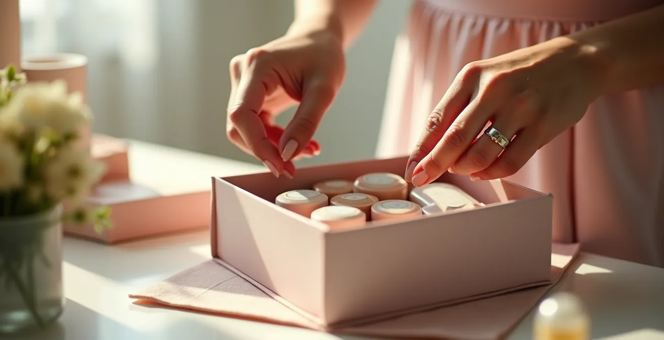 Arrangement élégant de produits cosmétiques dans un coffret cadeau