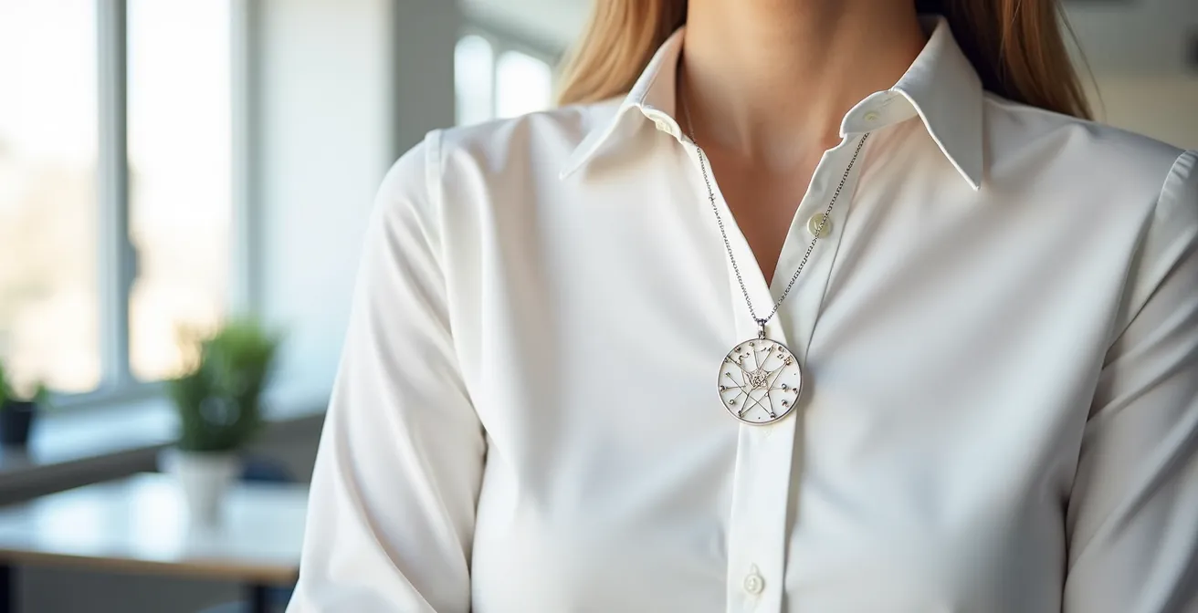 Collier zodiaque au design épuré porté sur une chemise blanche, style professionnel et sophistiqué