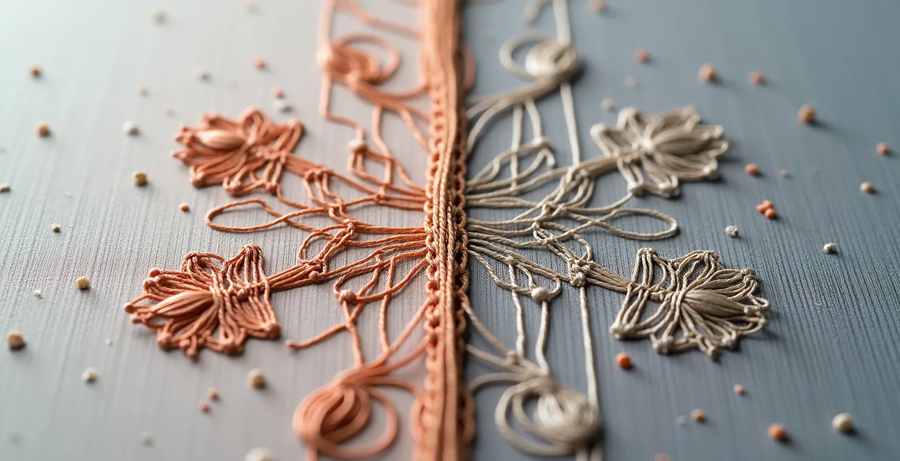 Macro sur l'envers de deux broderies côte à côte montrant les différences de finition