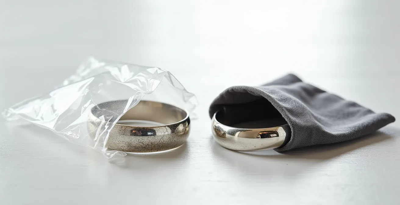 Comparaison visuelle entre un bijou terni dans un sachet zip et un bijou brillant dans une pochette anti-ternissement après 6 mois.