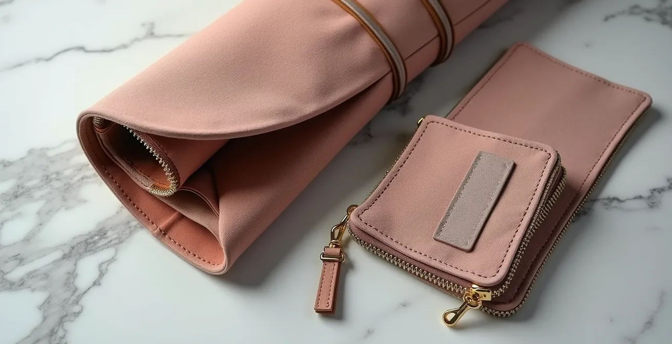Rouleau à bijoux ouvert à côté de plusieurs pochettes zippées individuelles sur une surface en marbre, montrant les différentes options de rangement.