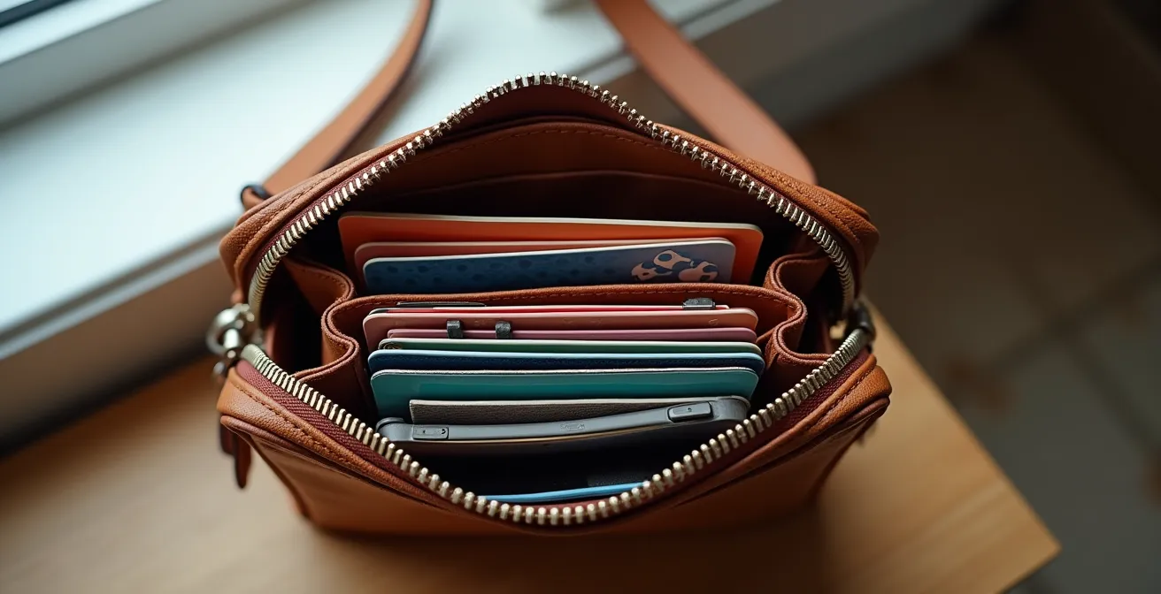 Vue de dessus d'un mini-sac ouvert montrant l'organisation des compartiments