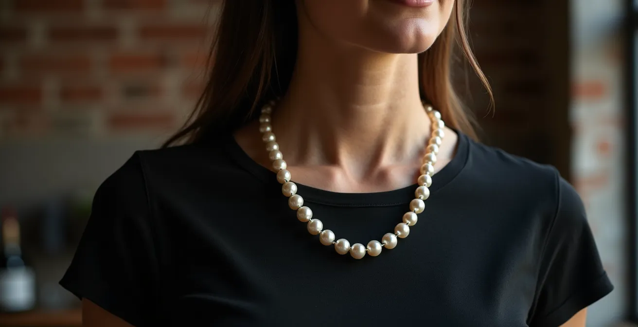 Collier de perles classique porté avec un t-shirt moderne et décontracté
