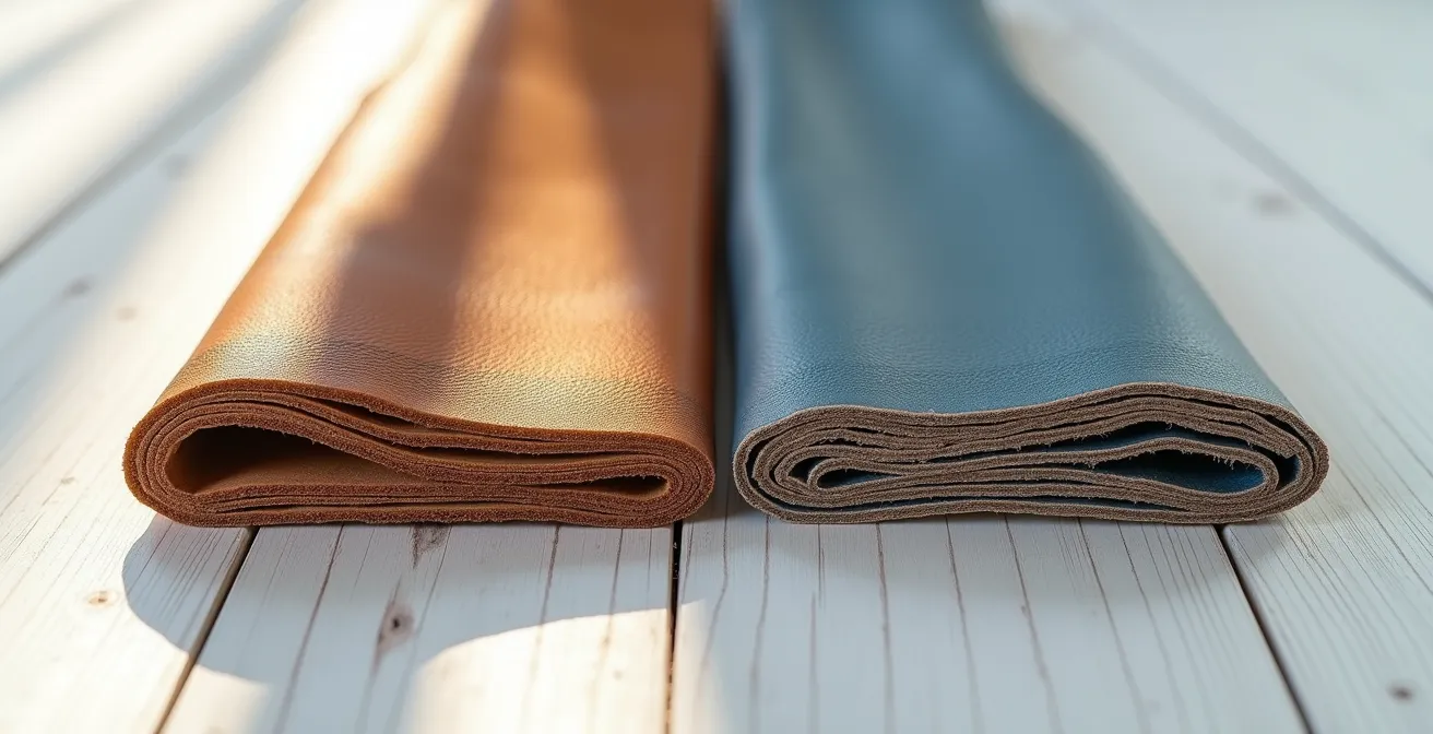 Comparaison visuelle de la tranche d'un cuir végétal brun homogène et d'un cuir au chrome avec ligne grisâtre