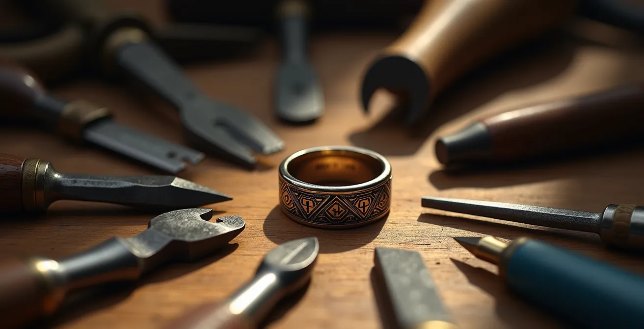 Vue détaillée d'un monogramme moderne gravé sur une chevalière, avec des outils d'artisan en arrière-plan