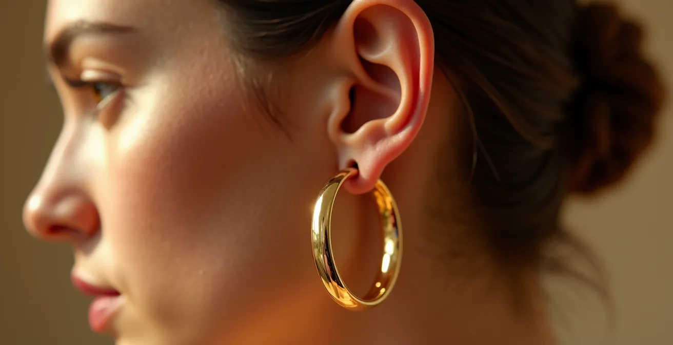 Gros plan sur des créoles dorées de différentes tailles portées avec élégance