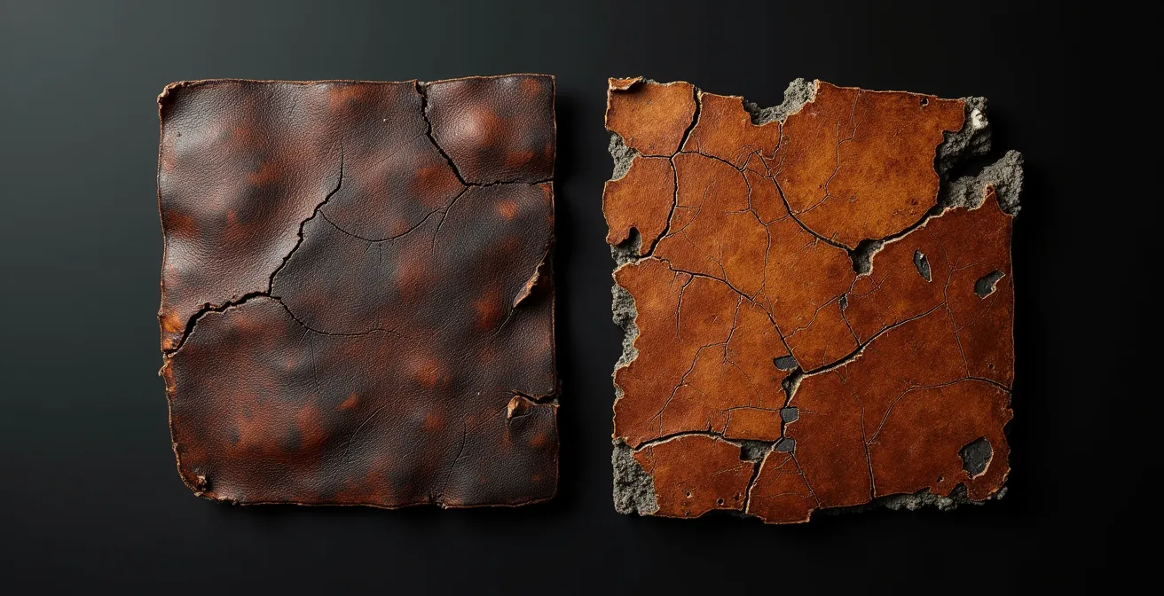 Comparaison visuelle entre une patine noble et une usure structurelle dangereuse sur cuir