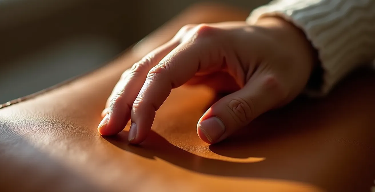 Main touchant délicatement un cuir végétal naturel montrant l'interaction douce entre peau et matière