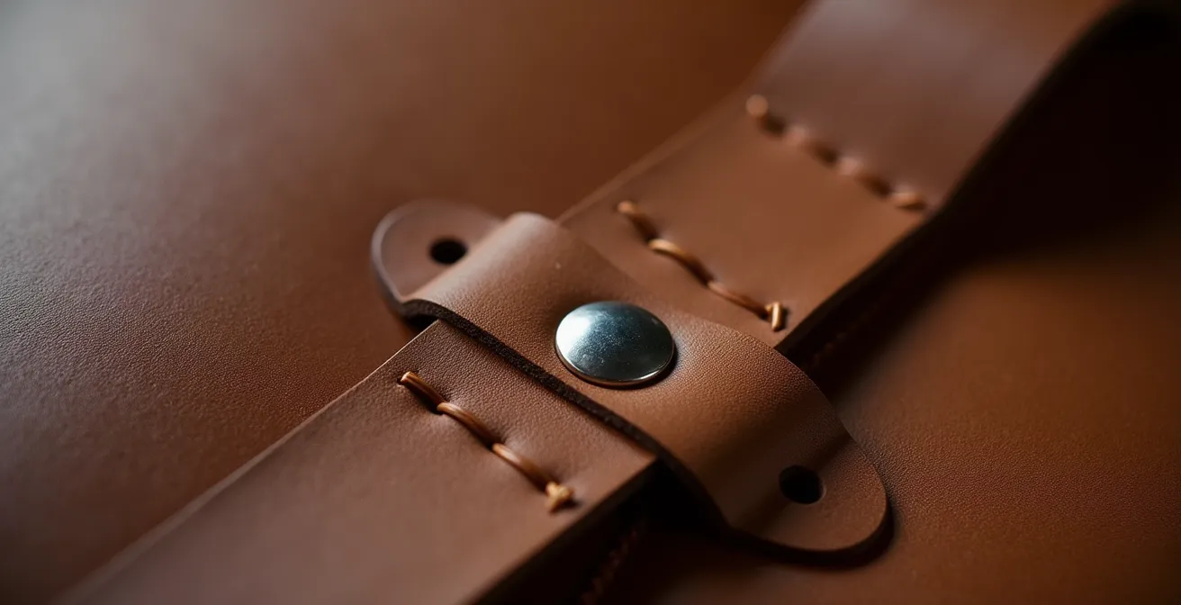 Vue macro d'une anse de cabas en cuir montrant les points de couture renforcés et la chape de fixation