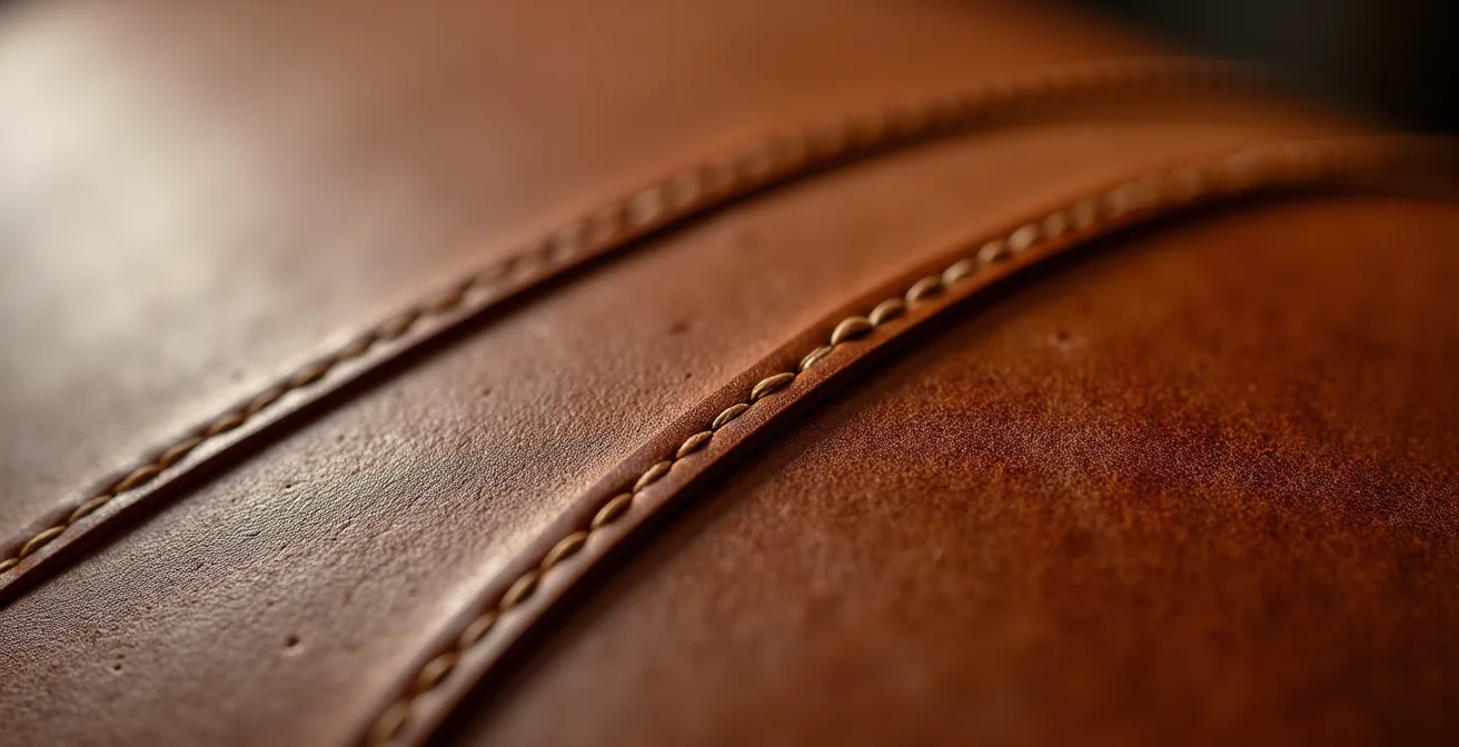 Texture macro du cuir pleine fleur d'une valise de luxe avec détails de couture sellier