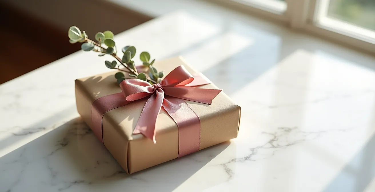 Emballage cadeau artisanal avec papier kraft, ruban de soie et branche d'eucalyptus sur table en bois