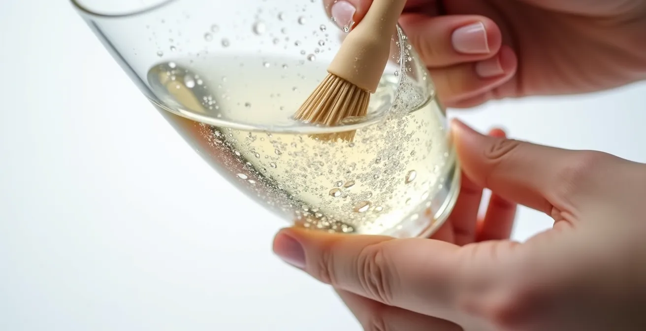 Mains nettoyant délicatement une flûte gravée avec un goupillon et du savon