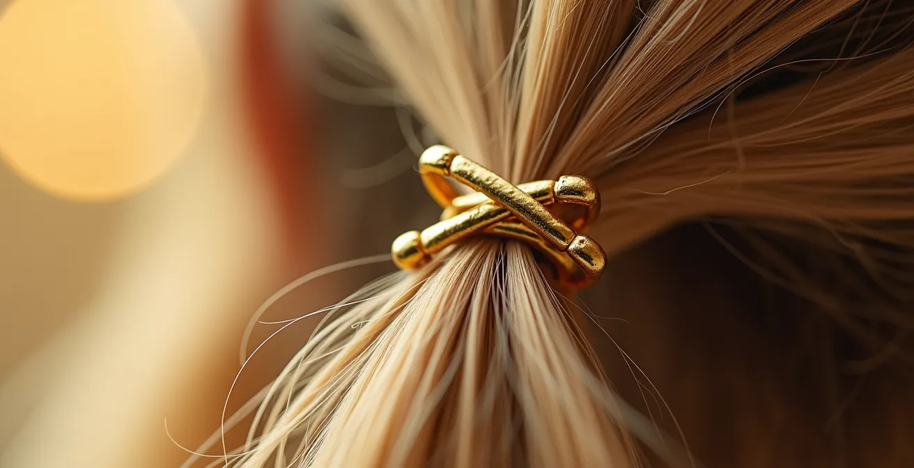 Gros plan sur des épingles dorées formant un X pour maintenir un bijou capillaire