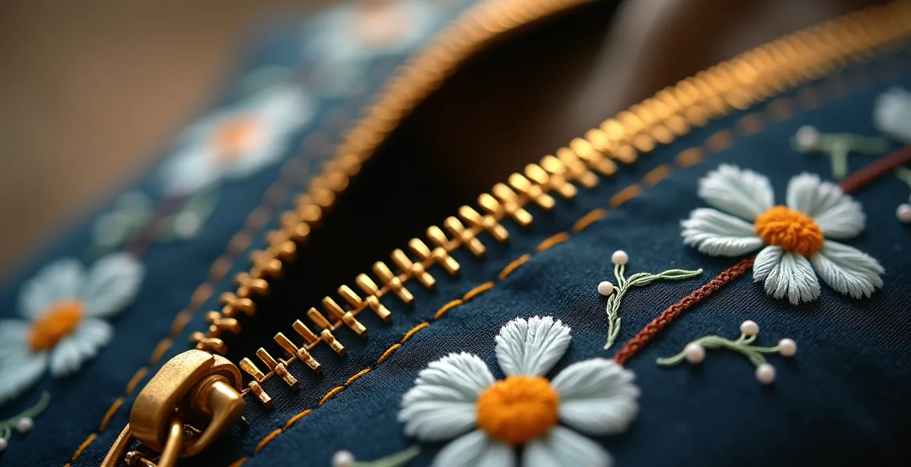 Gros plan sur une fermeture éclair en laiton de qualité