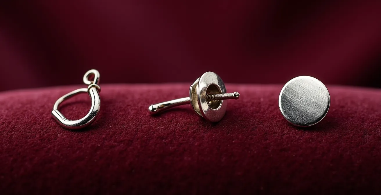 Gros plan sur différents types de fermoirs de créoles montrant leur surface de contact avec le lobe