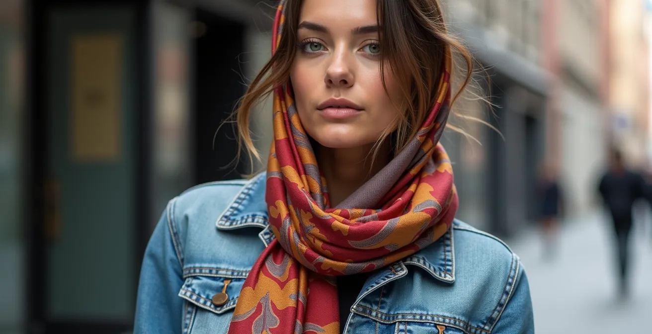 Femme portant un foulard en soie avec un nouage asymétrique moderne