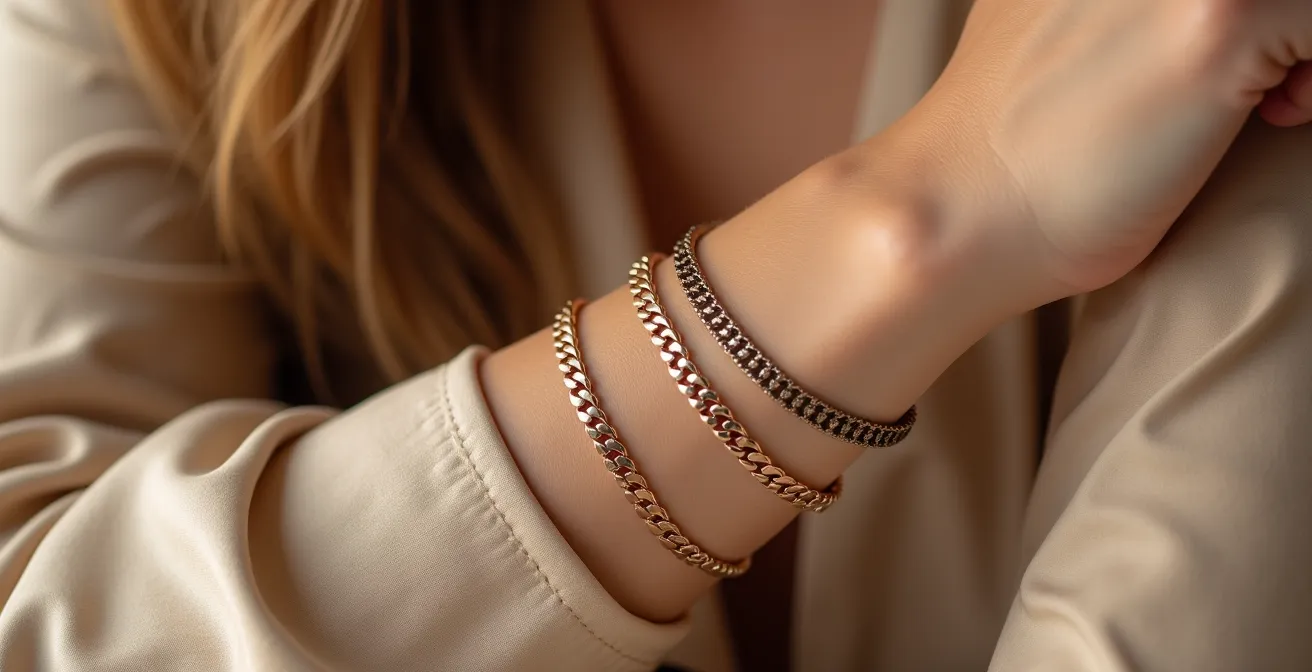 Comparaison de gourmettes fines et larges sur un poignet féminin, montrant différents styles de mailles.
