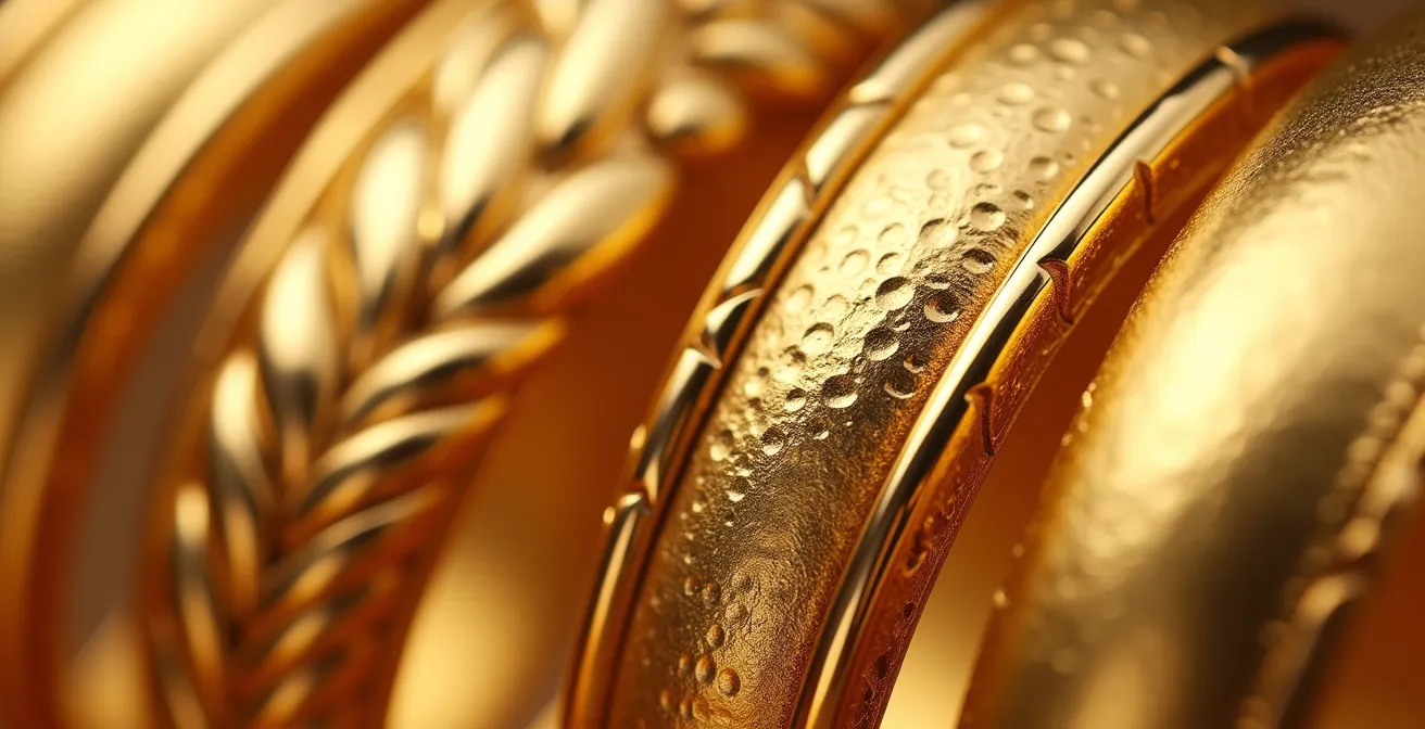 Vue macro de joncs dorés avec différentes textures : lisse, martelé, torsadé et brossé montrant le jeu de lumière