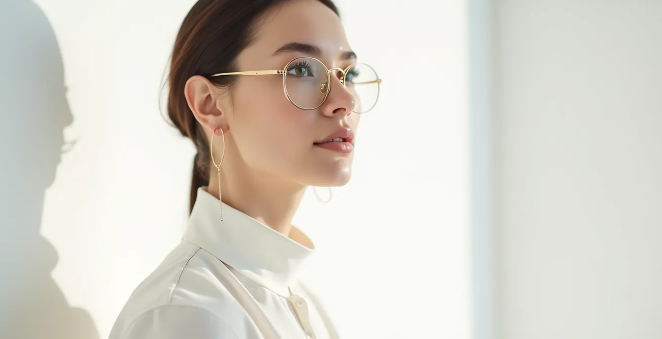 Portrait de femme portant des lunettes fines et des créoles dorées en harmonie