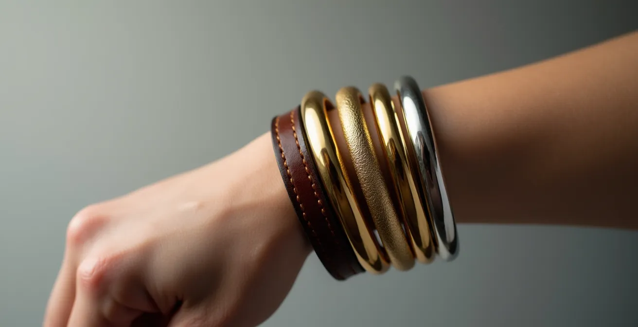 Vue latérale de joncs dorés et argentés séparés par un fin bracelet en cuir marron servant de barrière protectrice