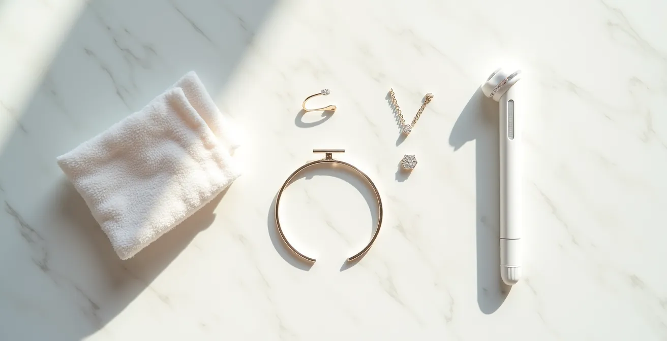 Kit de nettoyage discret pour bijoux disposé sur un bureau avec microfibre et petit goupillon