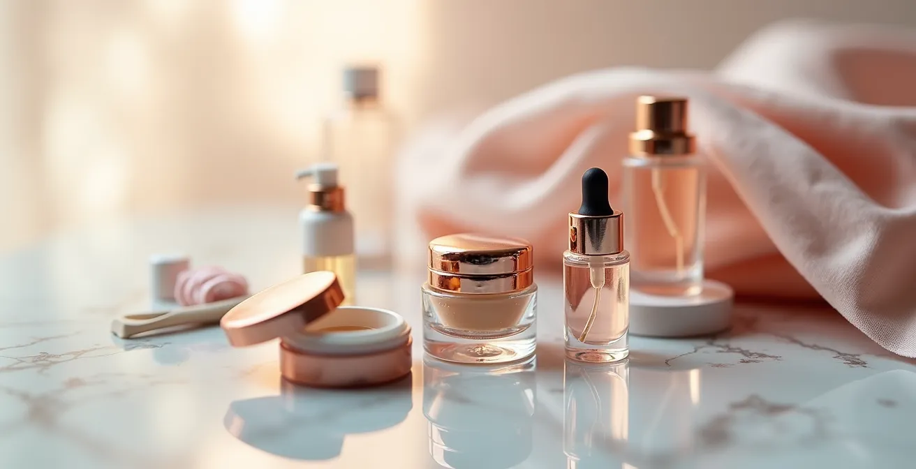 Vue macro de petits contenants de maquillage élégamment disposés près d'une minaudière