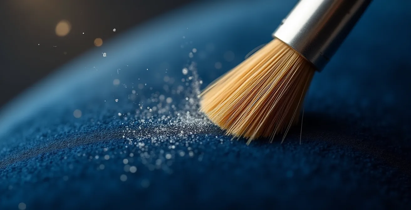 Vue macro des fibres de velours bleu avec une brosse antistatique dorée en action