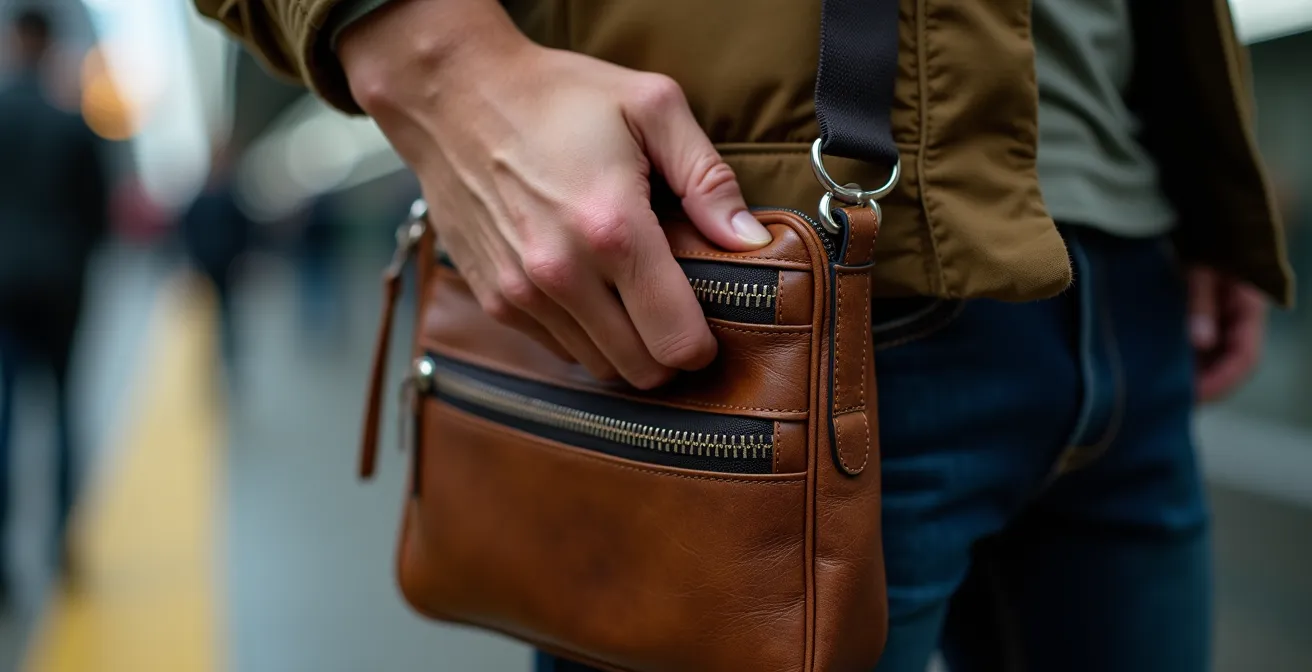Gros plan d'une main accédant à une poche latérale de sac crossbody