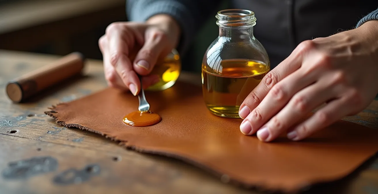 Gros plan de mains appliquant délicatement de l'huile naturelle sur du cuir végétal couleur miel