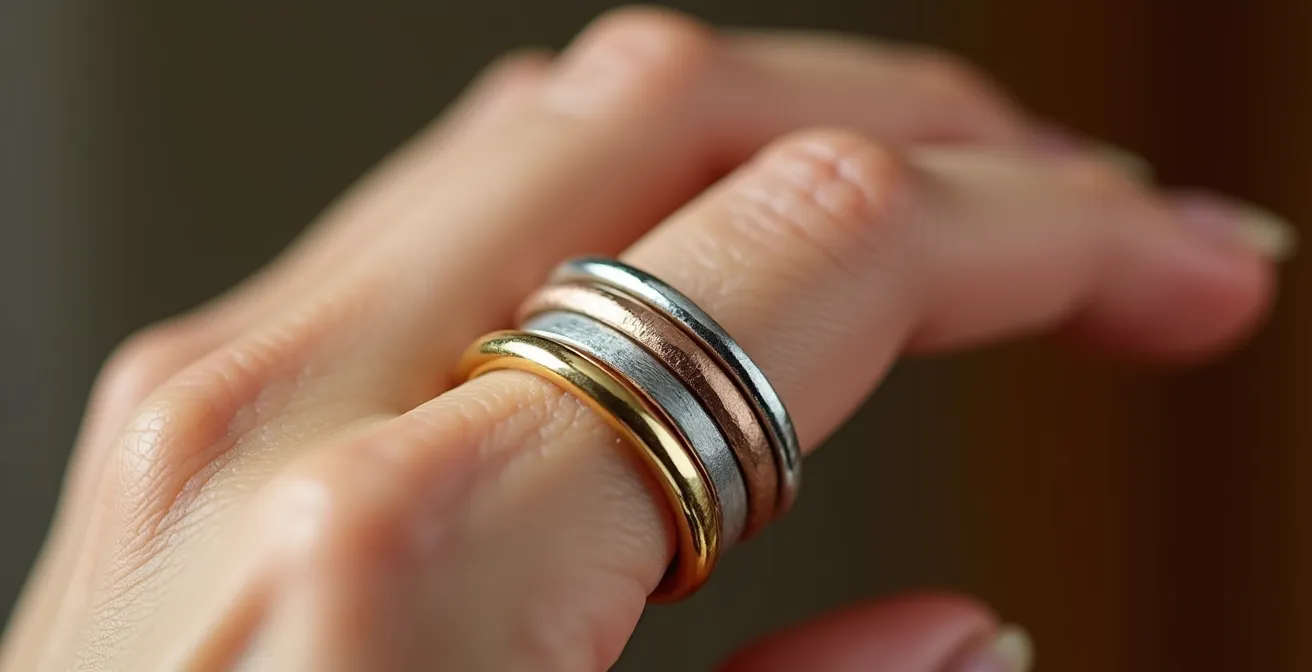 Gros plan sur des doigts féminins avec plusieurs bagues fines empilées de manière harmonieuse