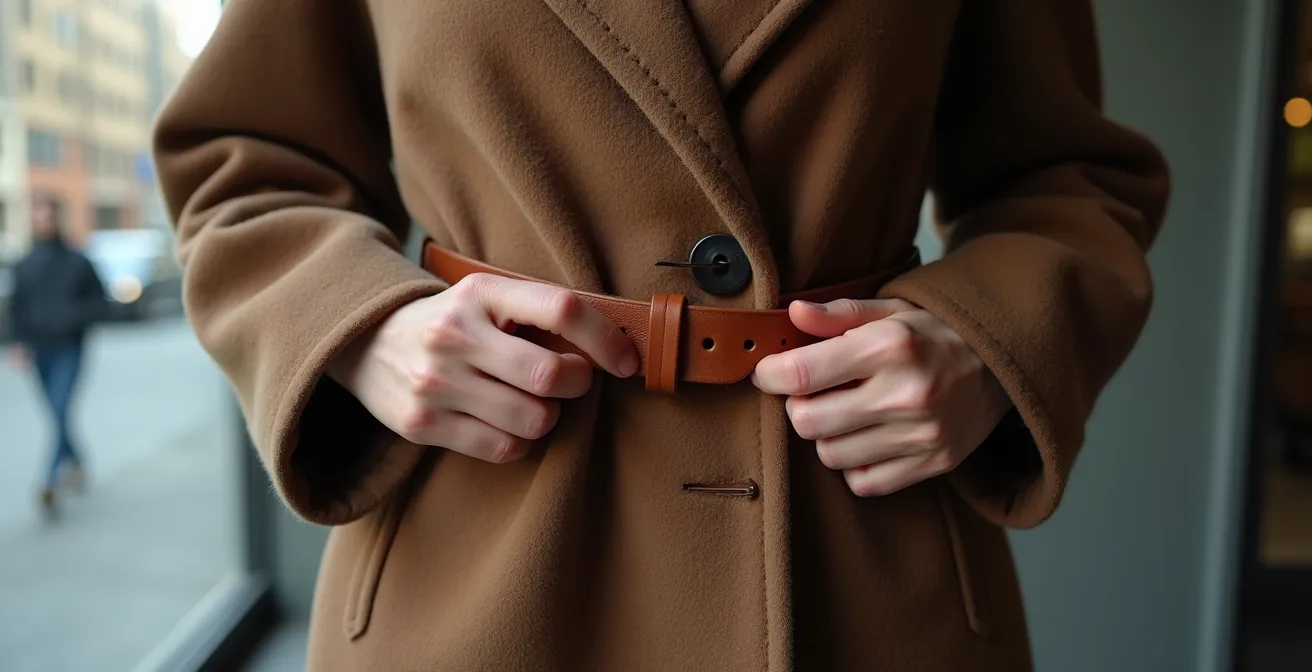 Manteau élégant ceinturé avec technique du drapé arrière créant une silhouette structurée