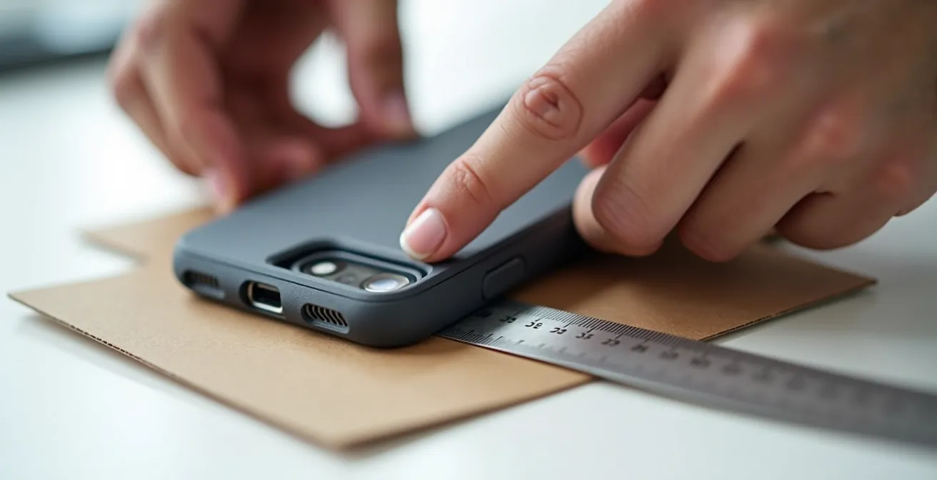 Mains mesurant un téléphone avec sa coque à l'aide d'un gabarit en carton