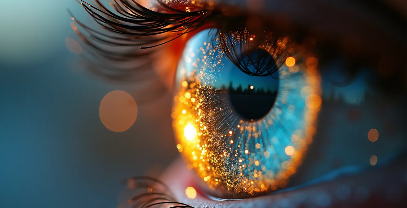 Vue macro détaillée de micro-rayures sur un verre de lunette avec jeux de lumière