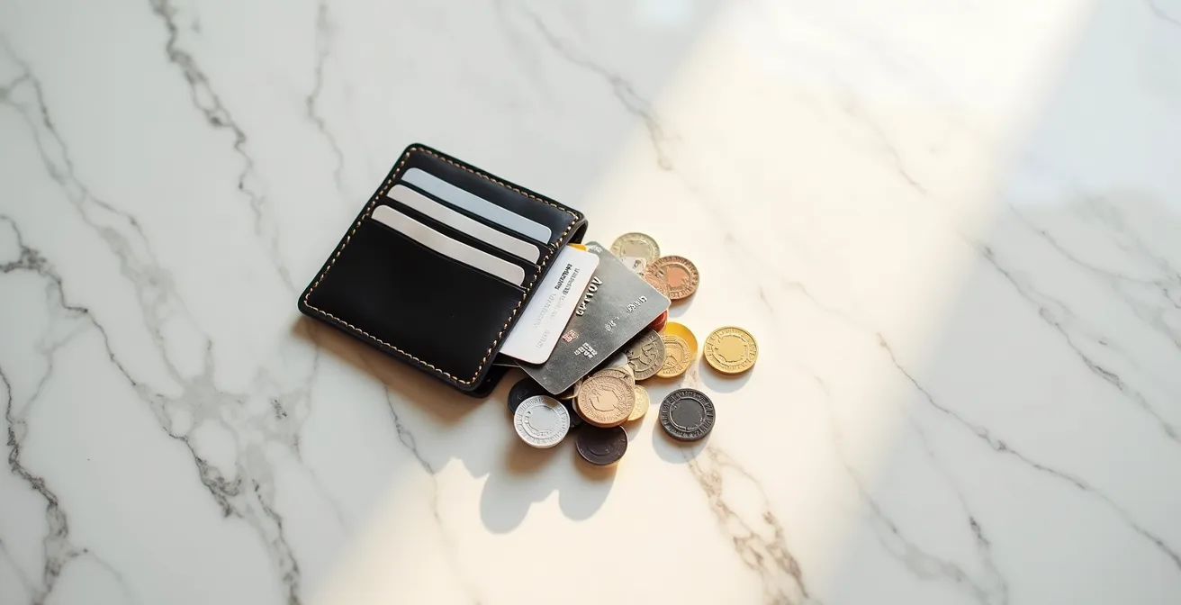 Vue aérienne d'un porte-cartes en cuir épuré avec quelques cartes essentielles soigneusement rangées