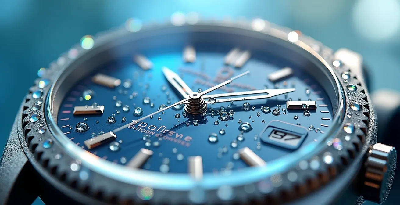 Gros plan macro sur une montre avec des gouttes d'eau perlant sur le verre saphir