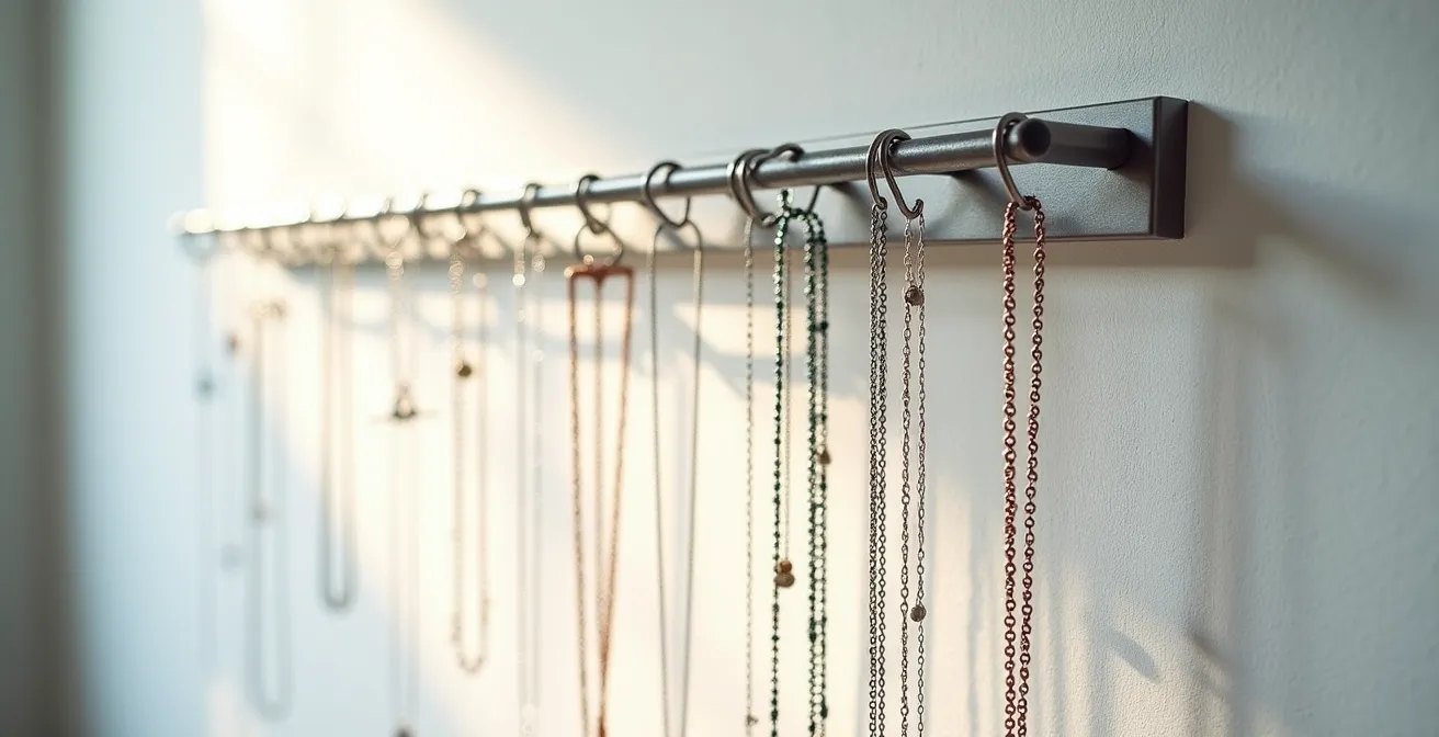 Mur avec système de rangement mural pour colliers avec espacement optimal