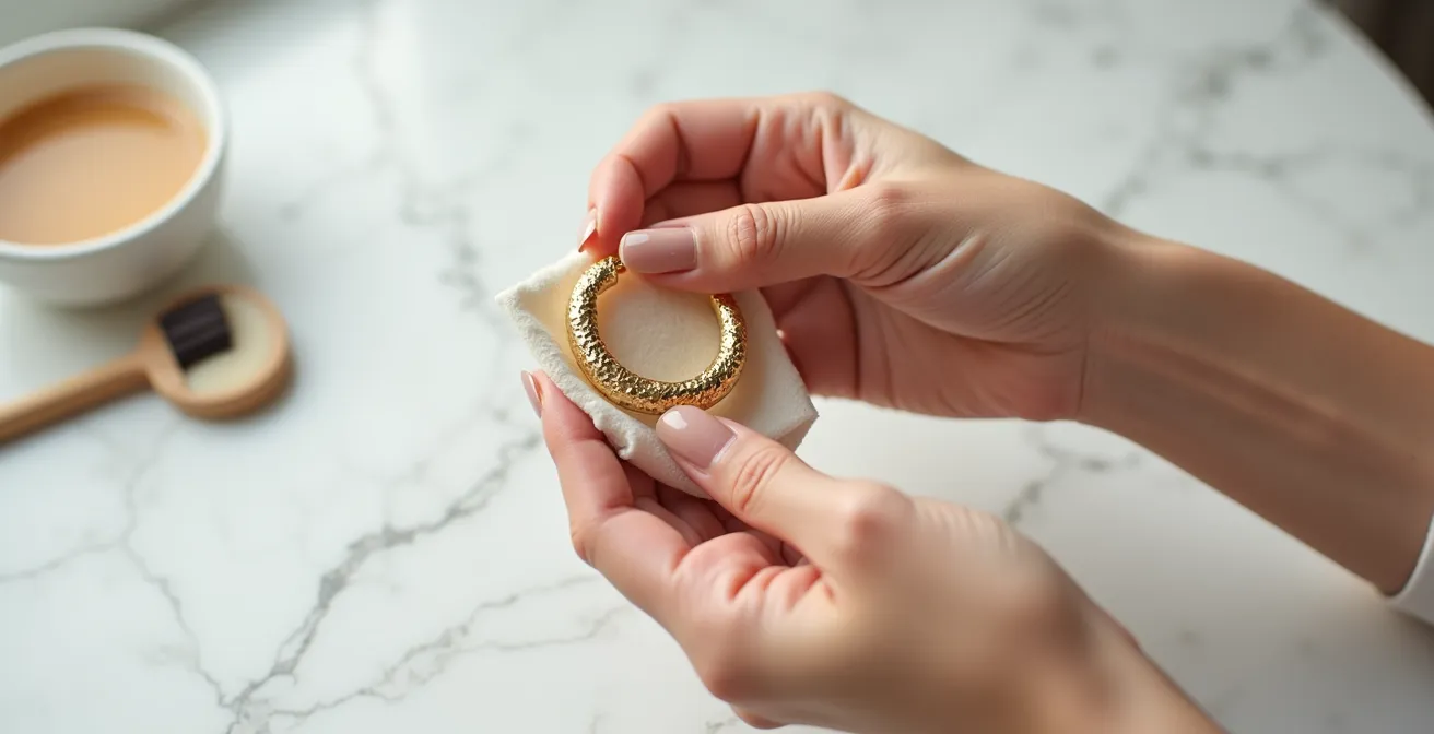 Mains délicates nettoyant une créole texturée dorée avec une petite brosse douce