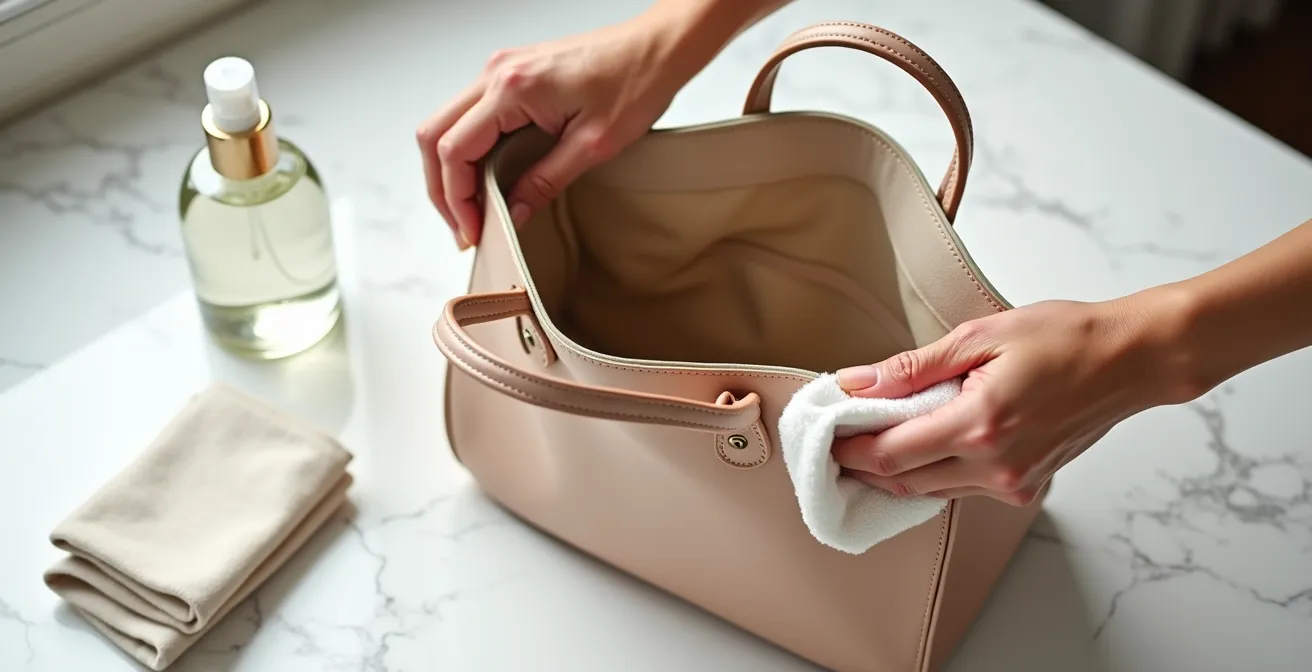 Mains nettoyant délicatement l'intérieur d'un sac avec un chiffon et des produits naturels